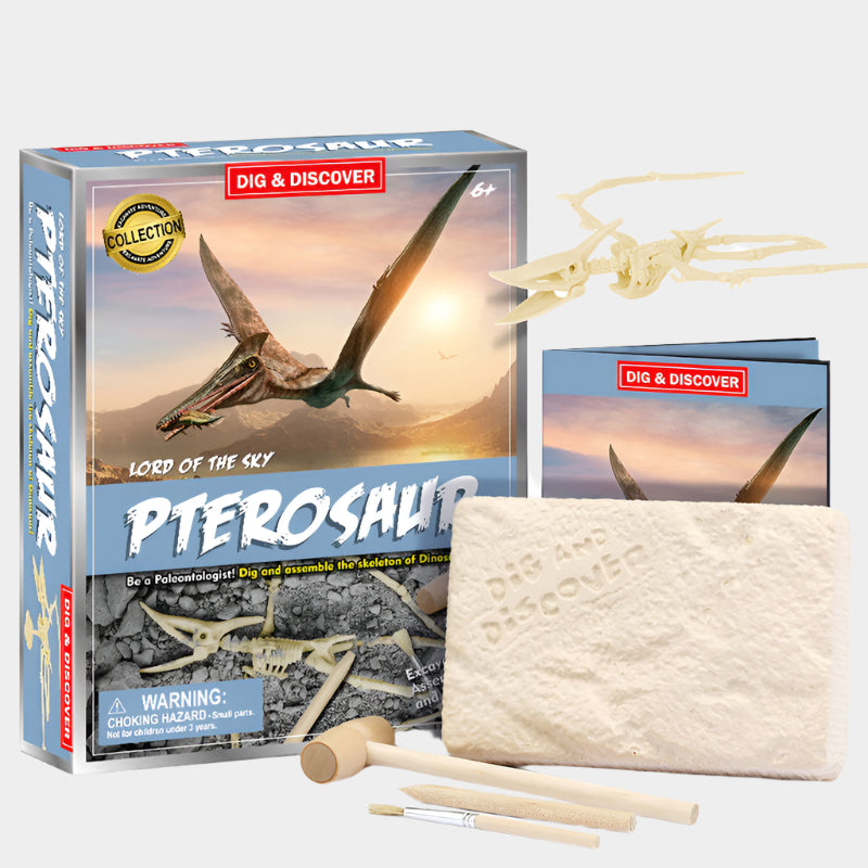 Jurassic Skeleton Excavation Kit with digging block, excavation tools, and illustrated guidebook for assembling realistic dinosaur skeletons