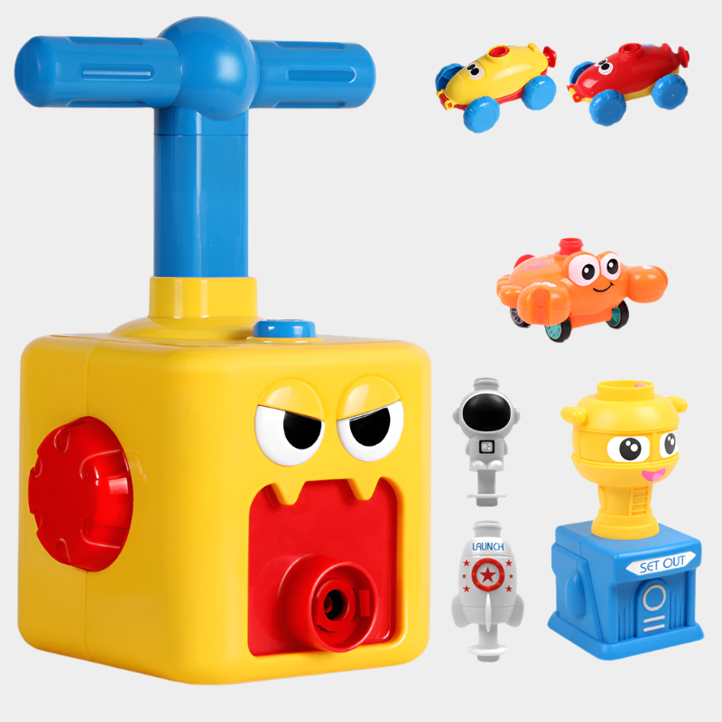 Power Balloon Launch Toy Set with pump, cars, flying figures, and a balloon-powered crab, perfect for interactive play