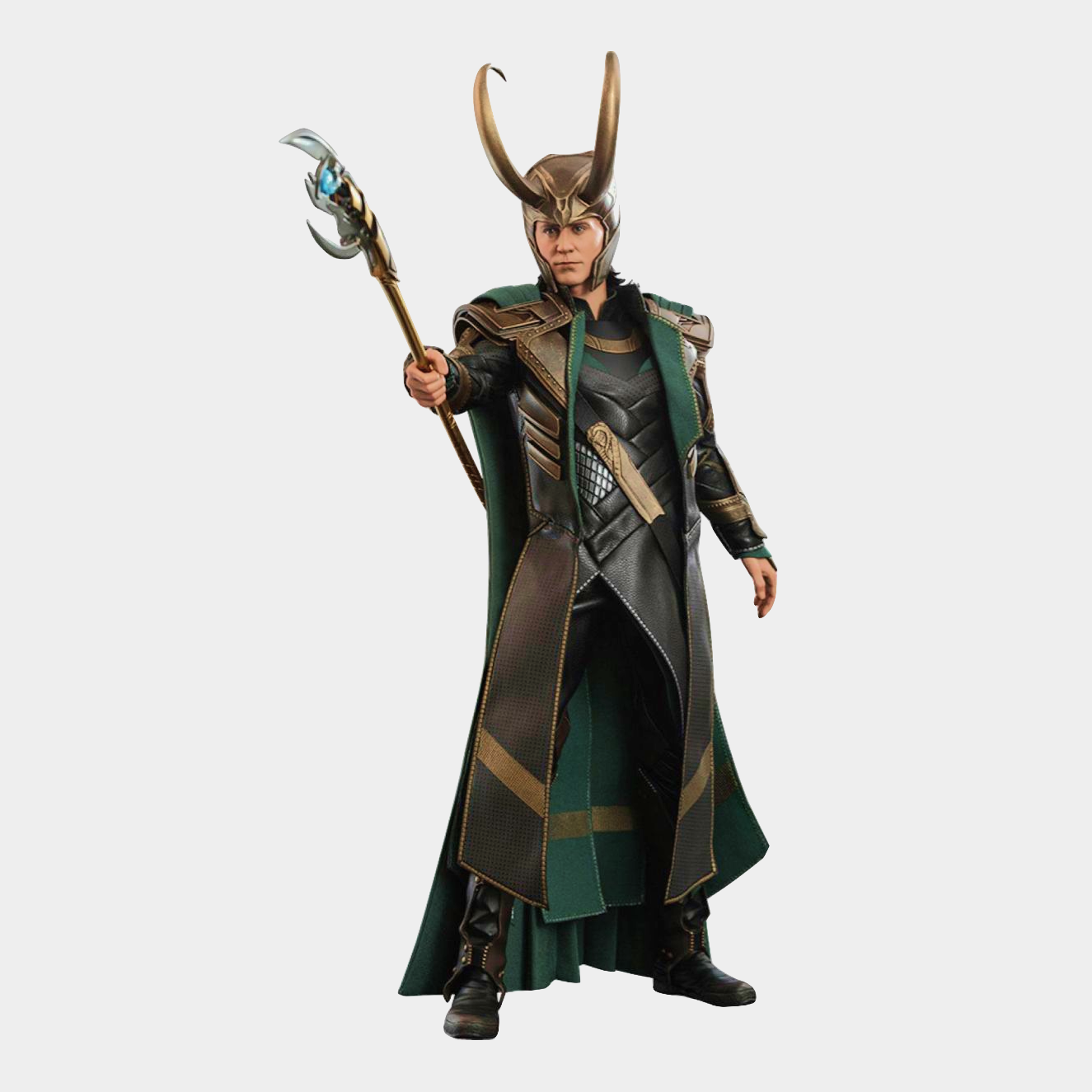 Loki Action Figure from Marvel’s Avengers series, 24 cm tall, featuring his green cape, golden horned helmet, and iconic scepter