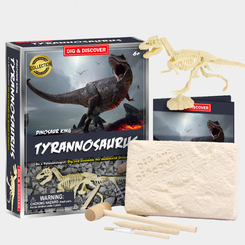 Jurassic Skeleton Excavation Kit with digging block, excavation tools, and illustrated guidebook for assembling realistic dinosaur skeletons