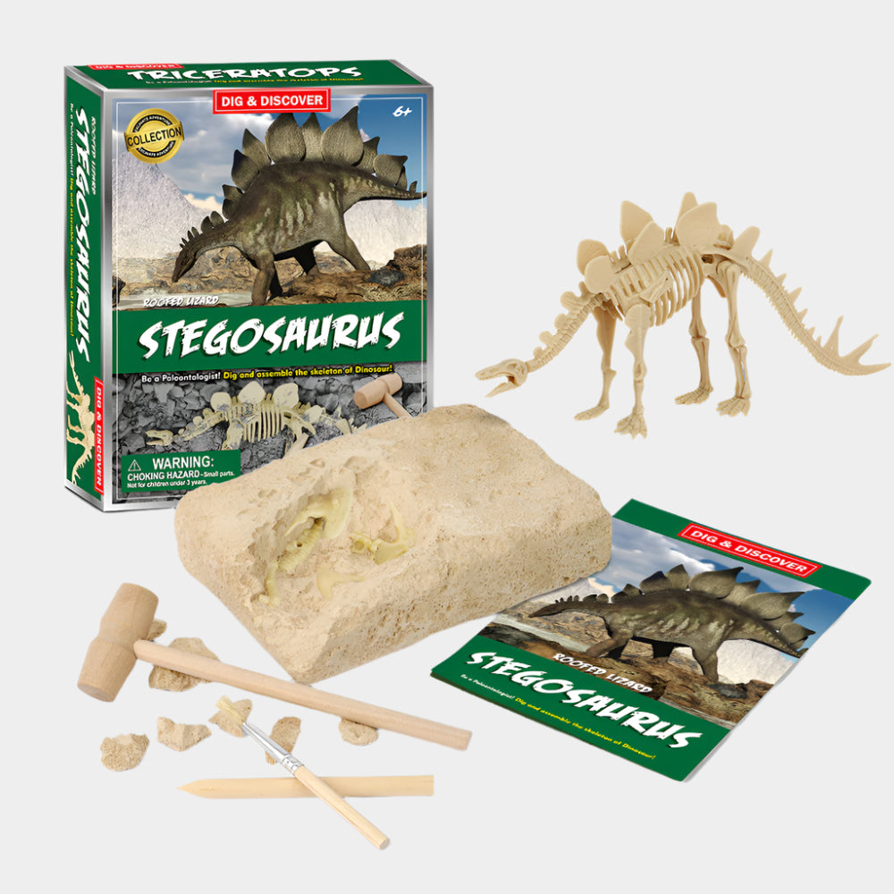 Jurassic Skeleton Excavation Kit with digging block, excavation tools, and illustrated guidebook for assembling realistic dinosaur skeletons