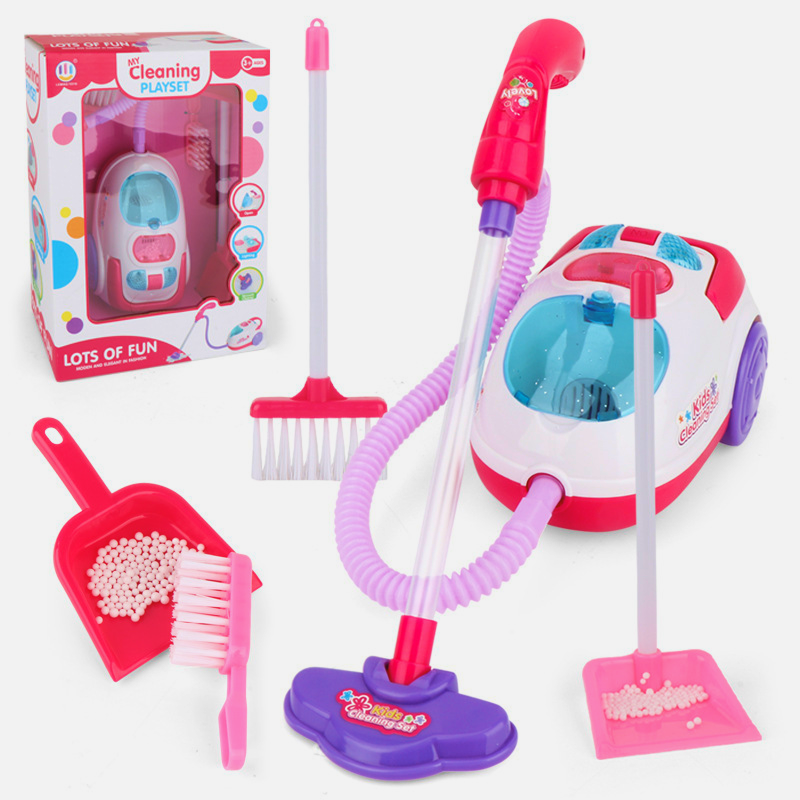 Children's pretend cleaning set featuring a cute handheld vacuum cleaner with sound and light effects in a window color box