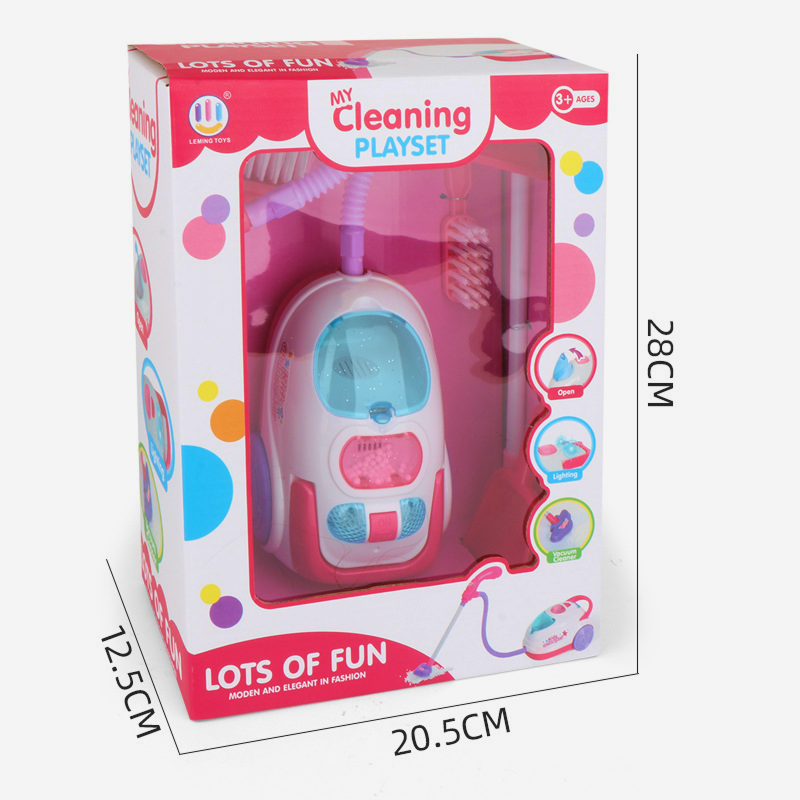 Children's pretend cleaning set featuring a cute handheld vacuum cleaner with sound and light effects in a window color box