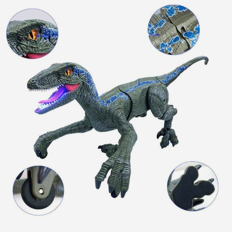 Large remote control Velociraptor dinosaur toy with realistic walking, roaring sound effects, and LED lights, made of durable ABS plastic