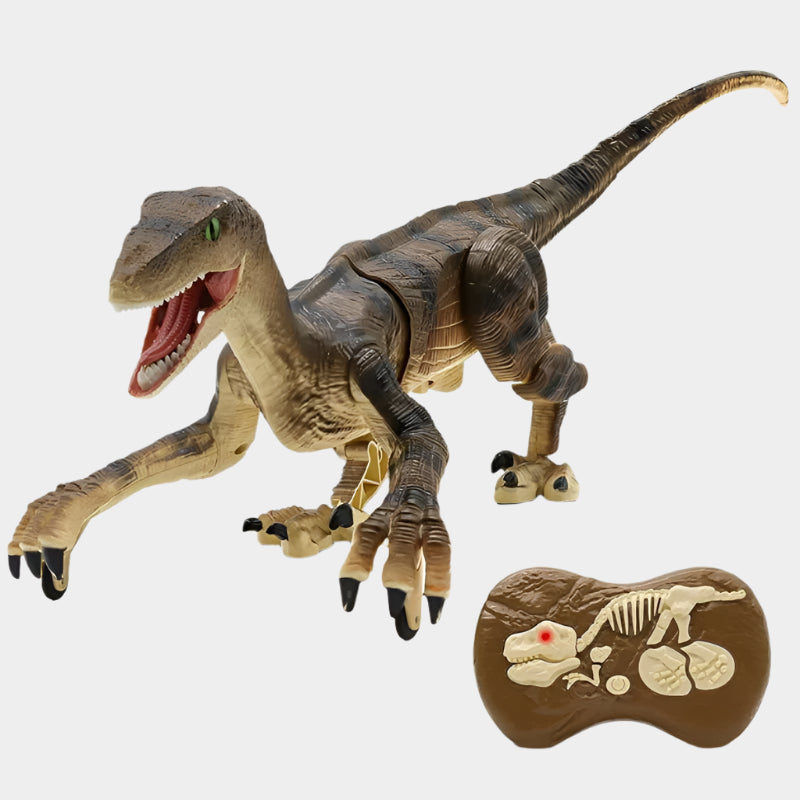 Large remote control Velociraptor dinosaur toy with realistic walking, roaring sound effects, and LED lights, made of durable ABS plastic