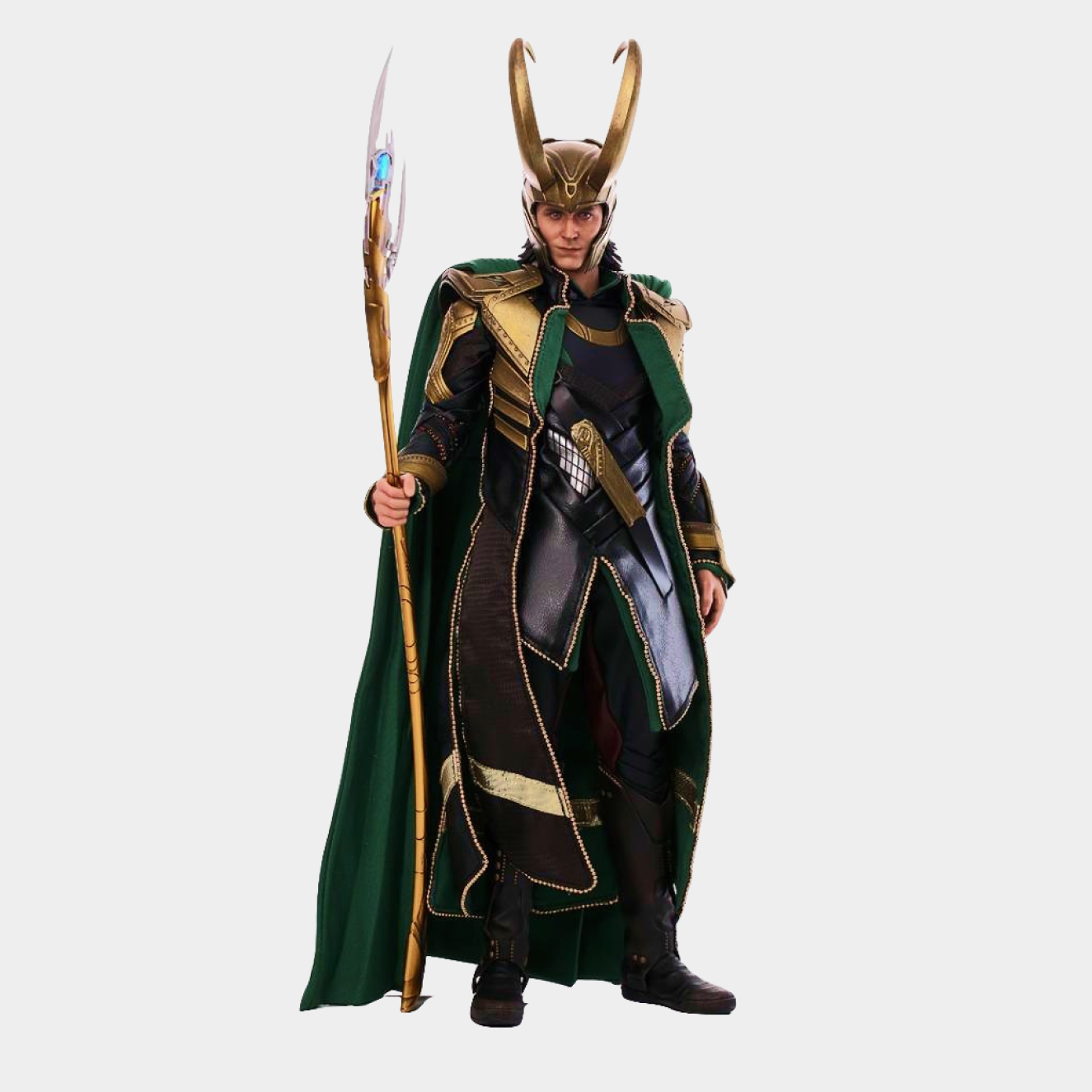 Loki Action Figure from Marvel’s Avengers series, 24 cm tall, featuring his green cape, golden horned helmet, and iconic scepter