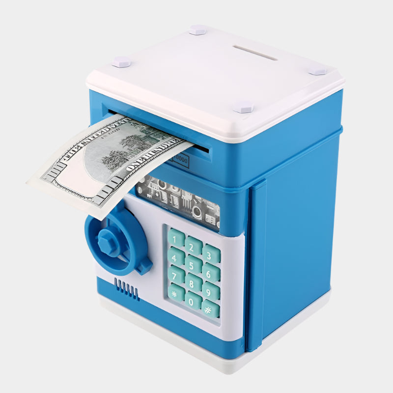 Electronic ATM-style piggy bank for kids with password lock, automatic cash intake, and sound effects – perfect for children aged 6 and up
