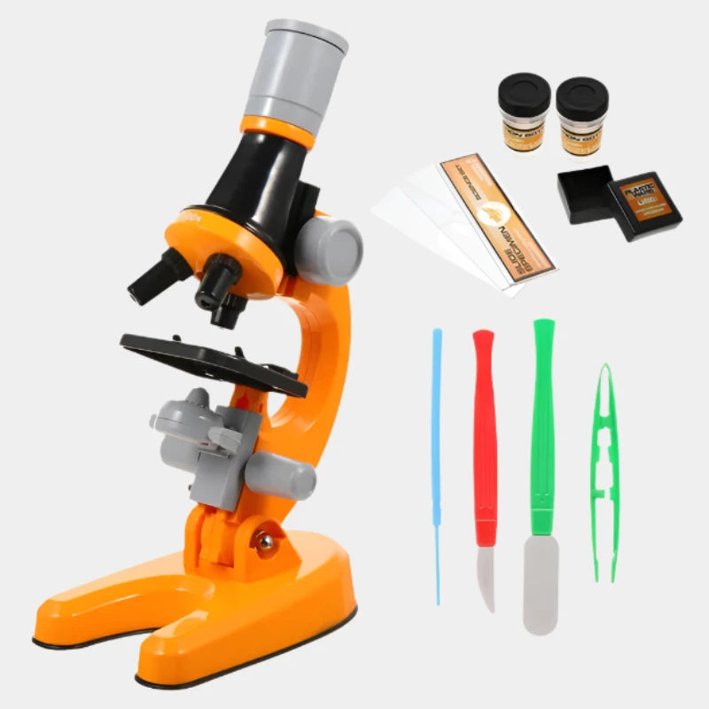 Children's microscope with adjustable magnification (100x, 400x, 1200x), dual illumination, and complete tool kit, ideal for home science experiments