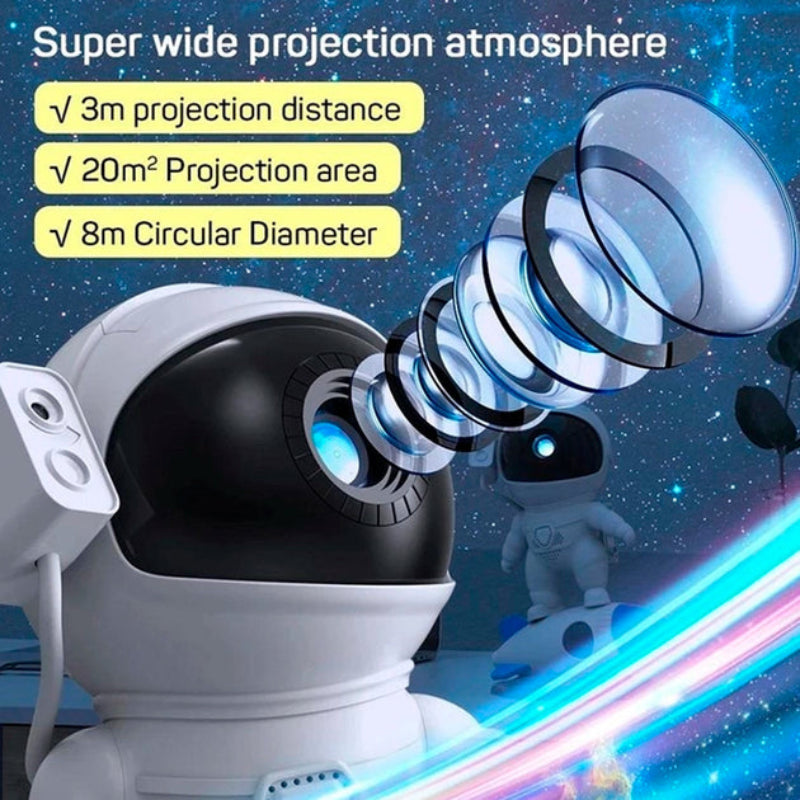 Musical Projector Astronaut 12-in-1 with LED modes, projector, Bluetooth speaker, alarm clock, and nature sounds, creating a cosmic ambiance