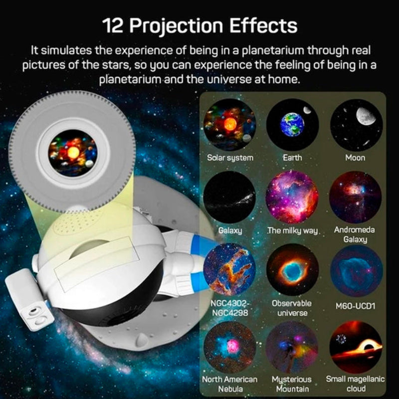 Musical Projector Astronaut 12-in-1 with LED modes, projector, Bluetooth speaker, alarm clock, and nature sounds, creating a cosmic ambiance