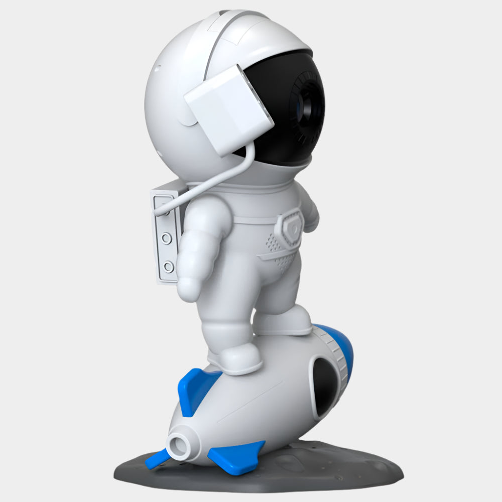 Musical Projector Astronaut 12-in-1 with LED modes, projector, Bluetooth speaker, alarm clock, and nature sounds, creating a cosmic ambiance