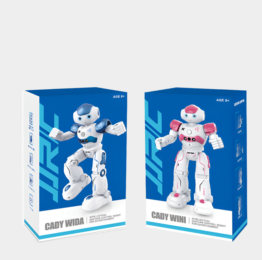 JJRC Cady Wini smart robot for kids, measuring 35 cm x 15 cm, featuring interactive control, dance mode, LED lights, and built-in rechargeable battery