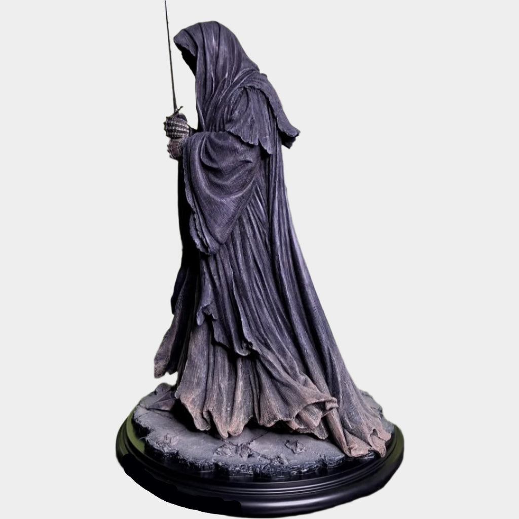 Lord of the Rings Nazgul collectible statue, 26 cm tall, crafted from durable PVC, featuring iconic grey armor and a menacing sword, packaged in a decorative color box.