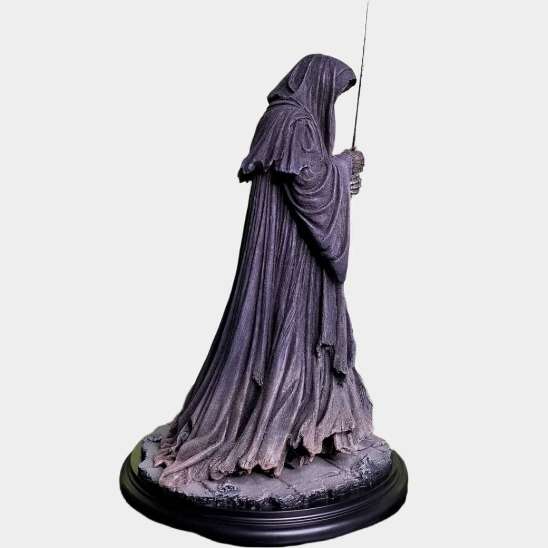 Lord of the Rings Nazgul collectible statue, 26 cm tall, crafted from durable PVC, featuring iconic grey armor and a menacing sword, packaged in a decorative color box.