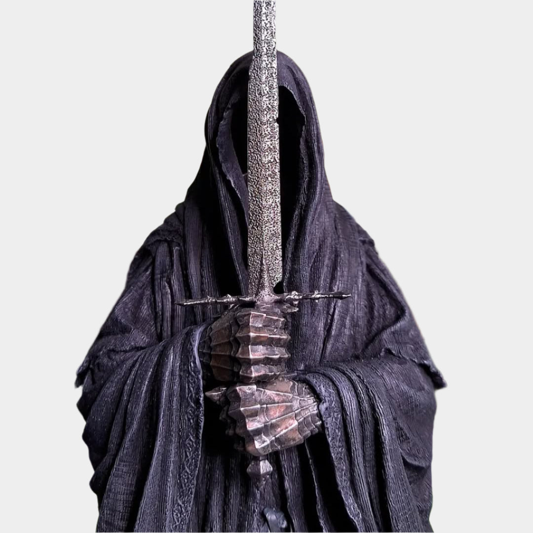 Lord of the Rings Nazgul collectible statue, 26 cm tall, crafted from durable PVC, featuring iconic grey armor and a menacing sword, packaged in a decorative color box.