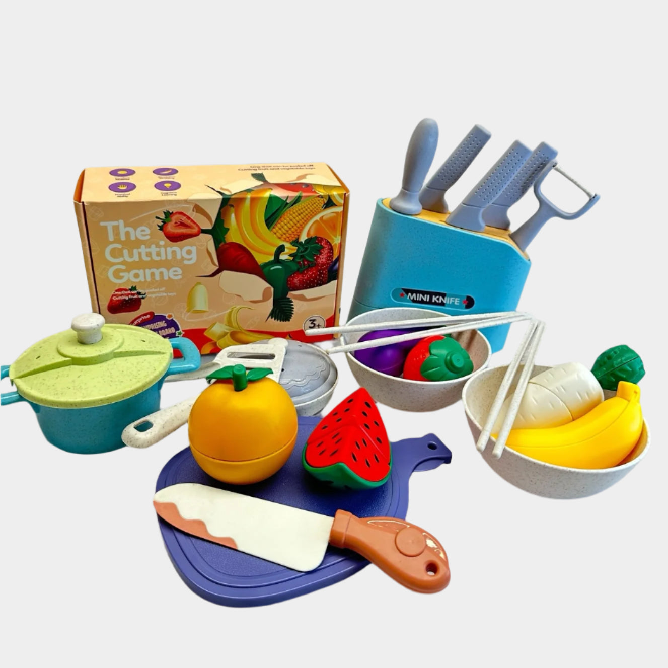 Colorful 10-piece fruit and vegetable cutting play set for kids aged 3-6, featuring realistic fruits, vegetables, and a plastic knife, packaged in an attractive color box