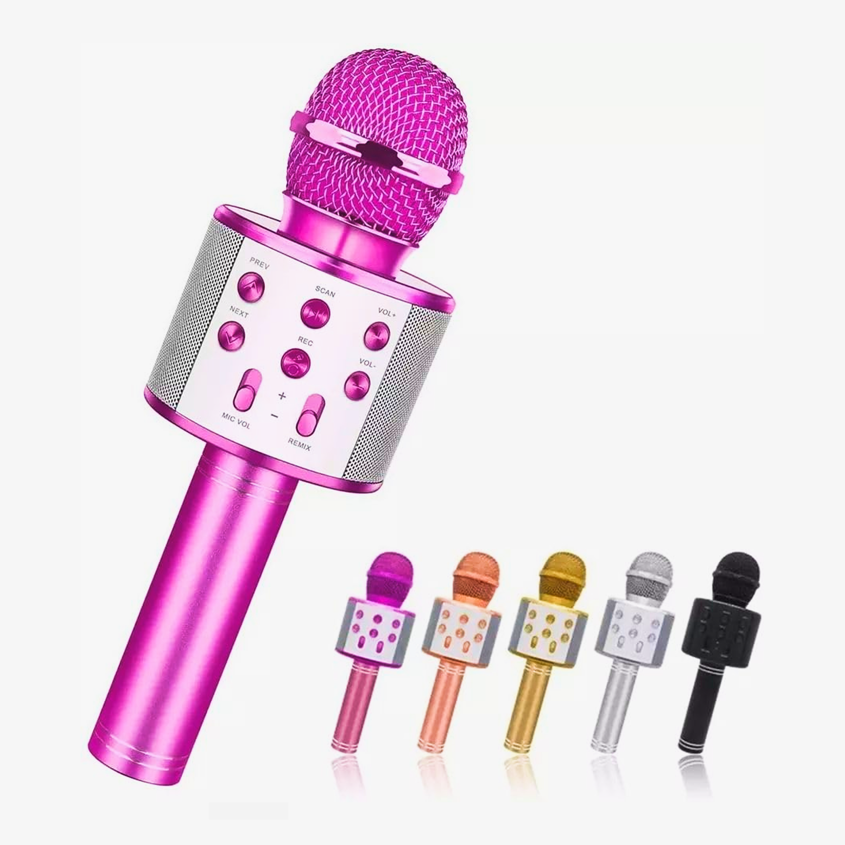 Wireless Bluetooth karaoke microphone with integrated speaker and colorful lights, perfect for kids and home use.