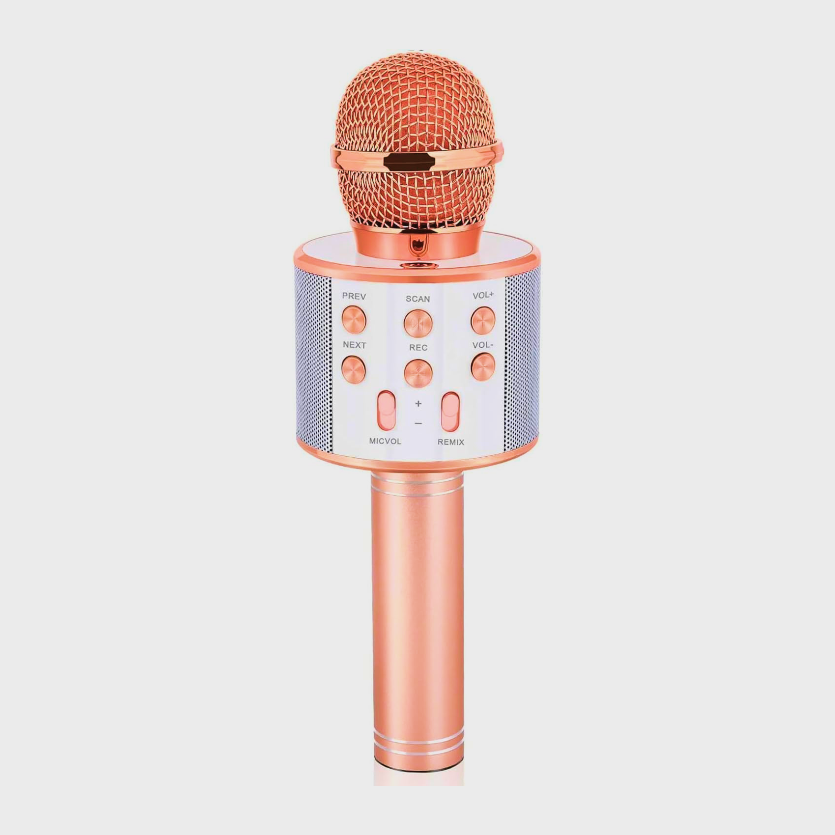 Wireless Bluetooth karaoke microphone with integrated speaker and colorful lights, perfect for kids and home use.