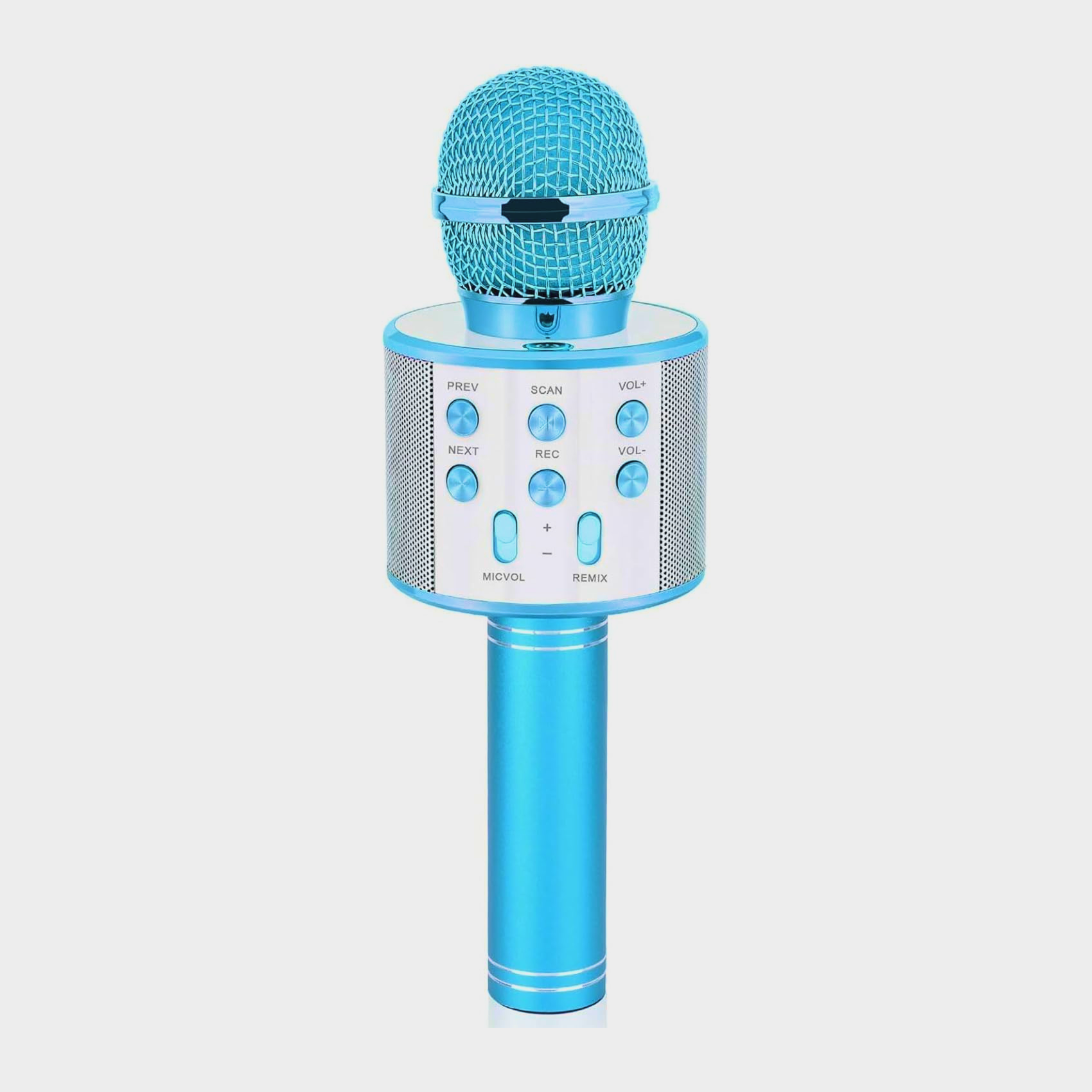 Wireless Bluetooth karaoke microphone with integrated speaker and colorful lights, perfect for kids and home use.