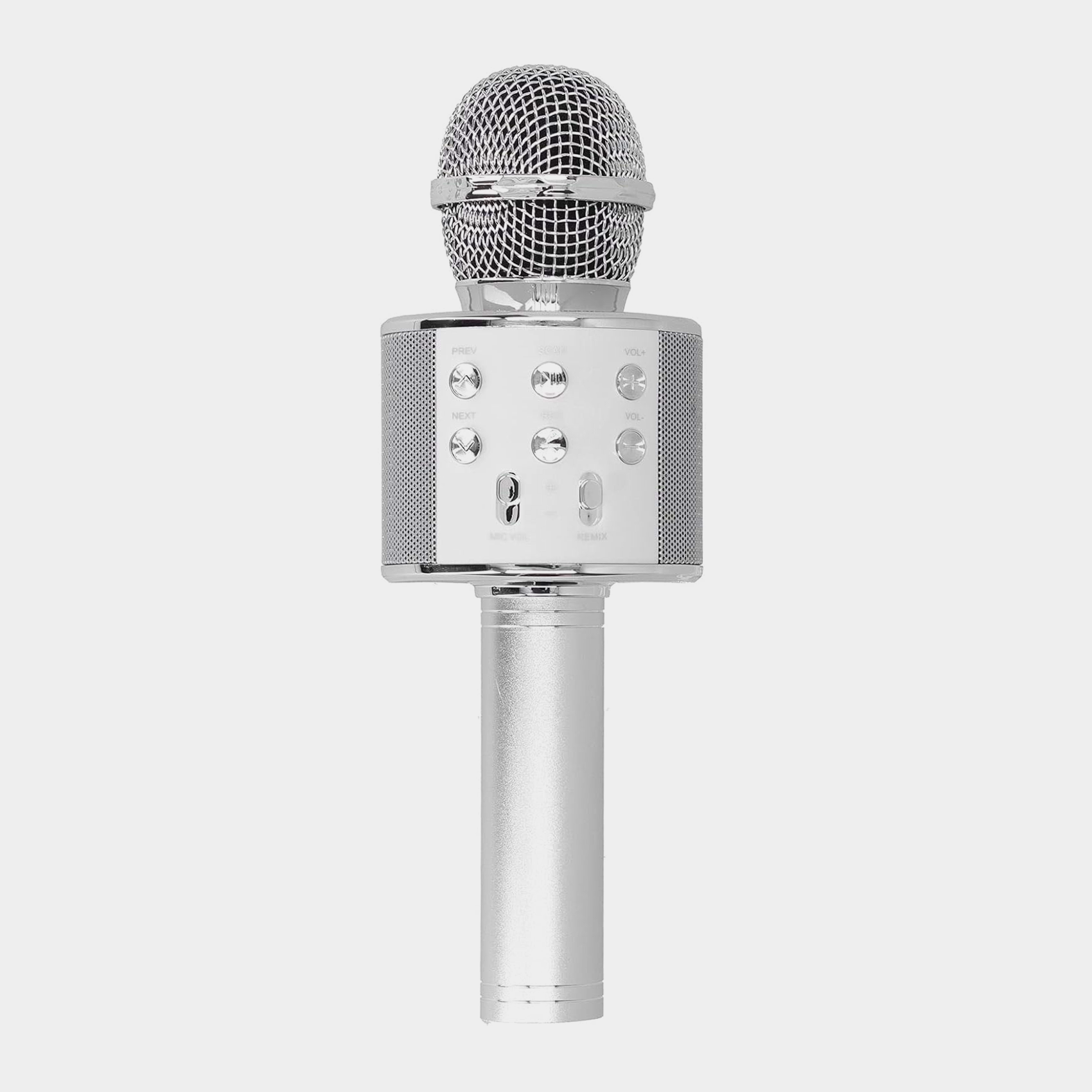 Wireless Bluetooth karaoke microphone with integrated speaker and colorful lights, perfect for kids and home use.