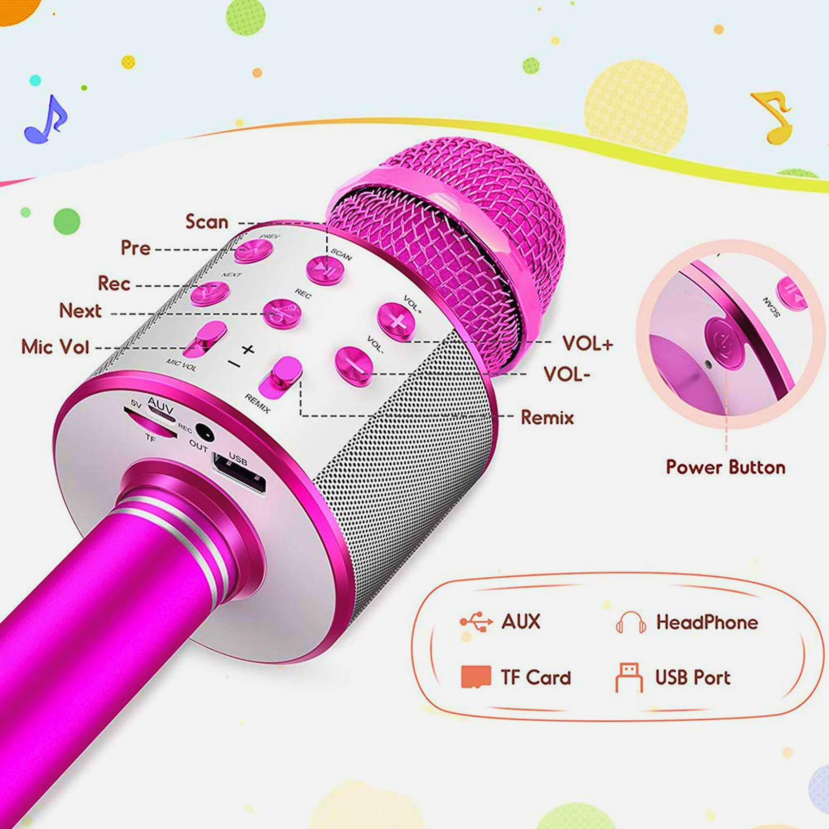 Wireless Bluetooth karaoke microphone with integrated speaker and colorful lights, perfect for kids and home use.