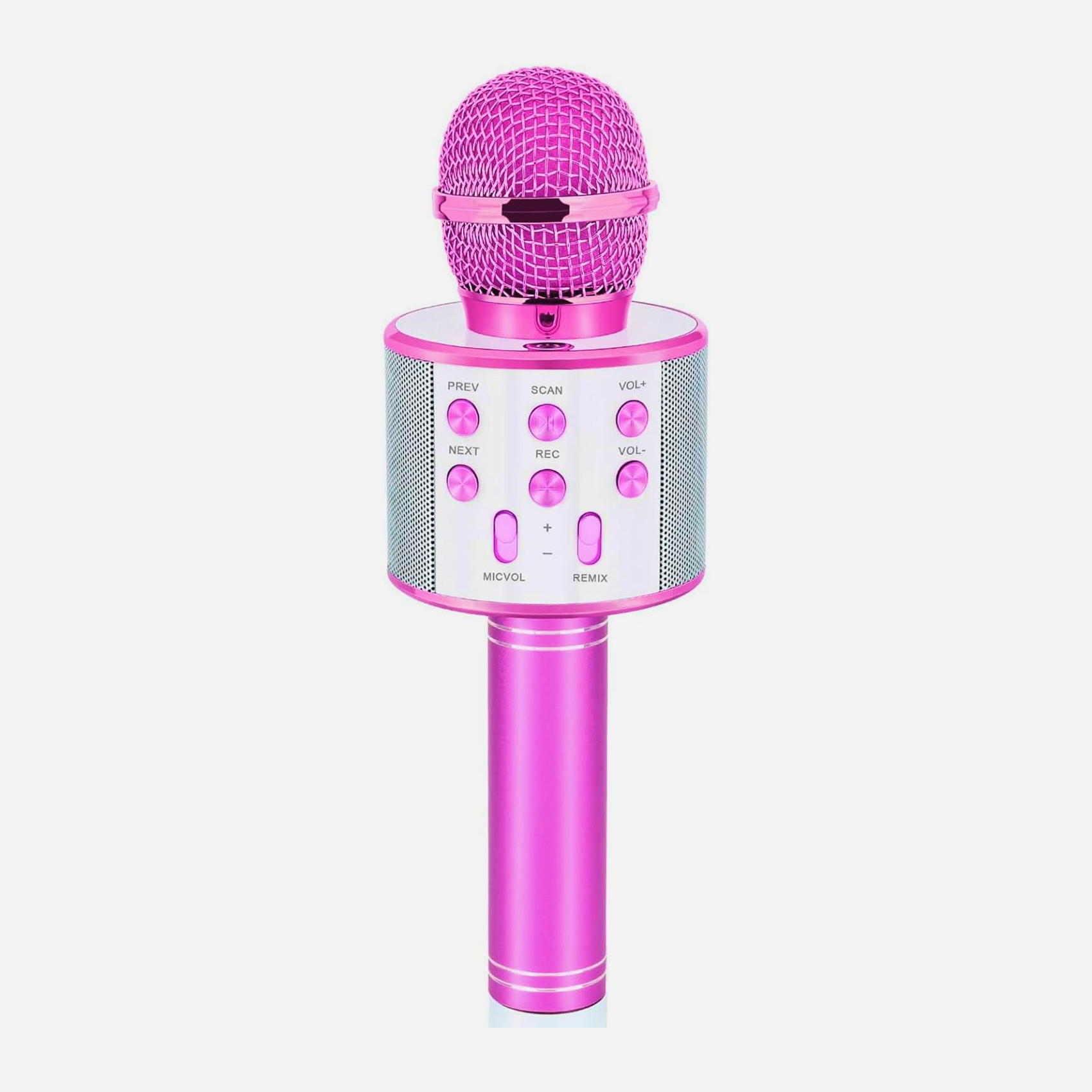 Wireless Bluetooth karaoke microphone with integrated speaker and colorful lights, perfect for kids and home use.