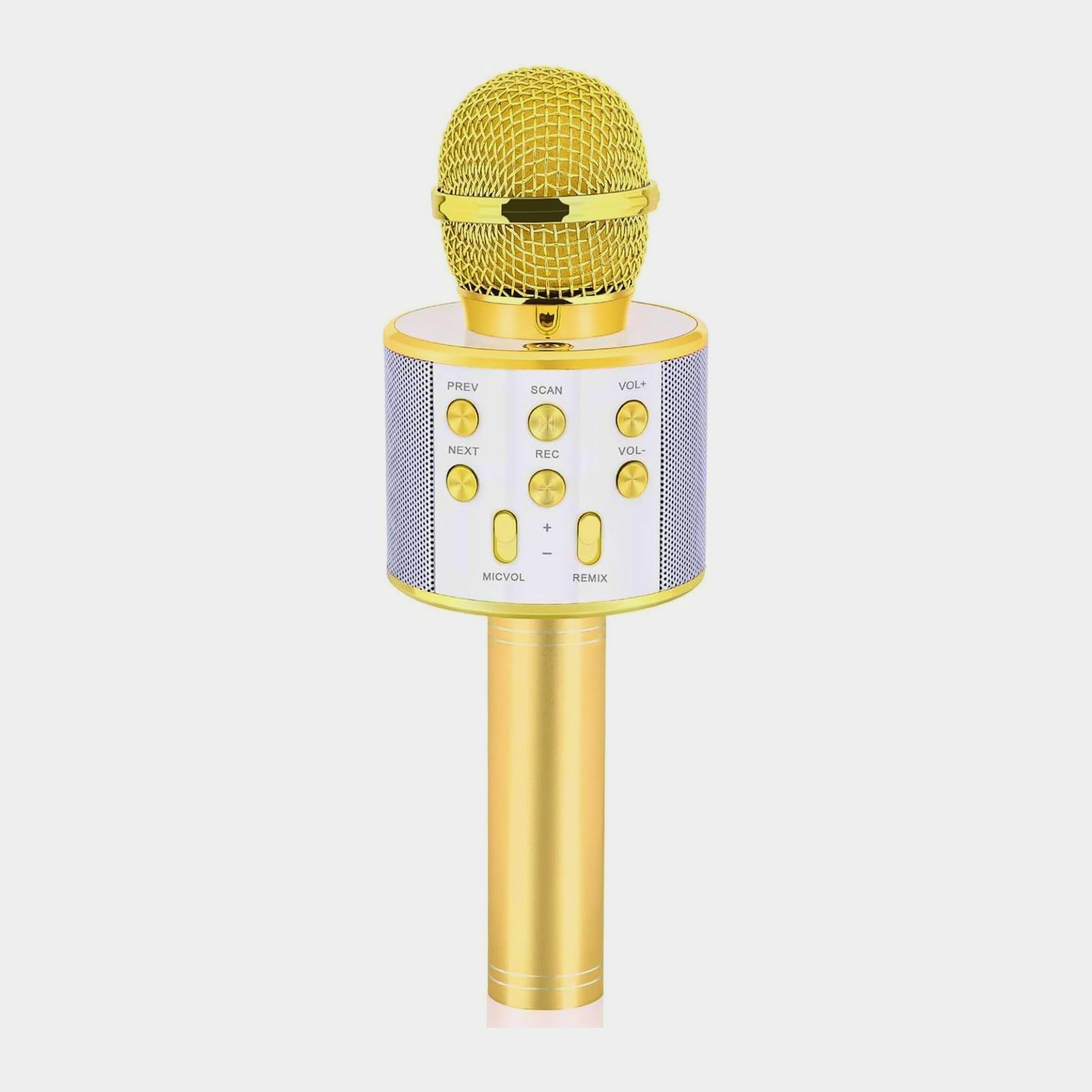 Wireless Bluetooth karaoke microphone with integrated speaker and colorful lights, perfect for kids and home use.