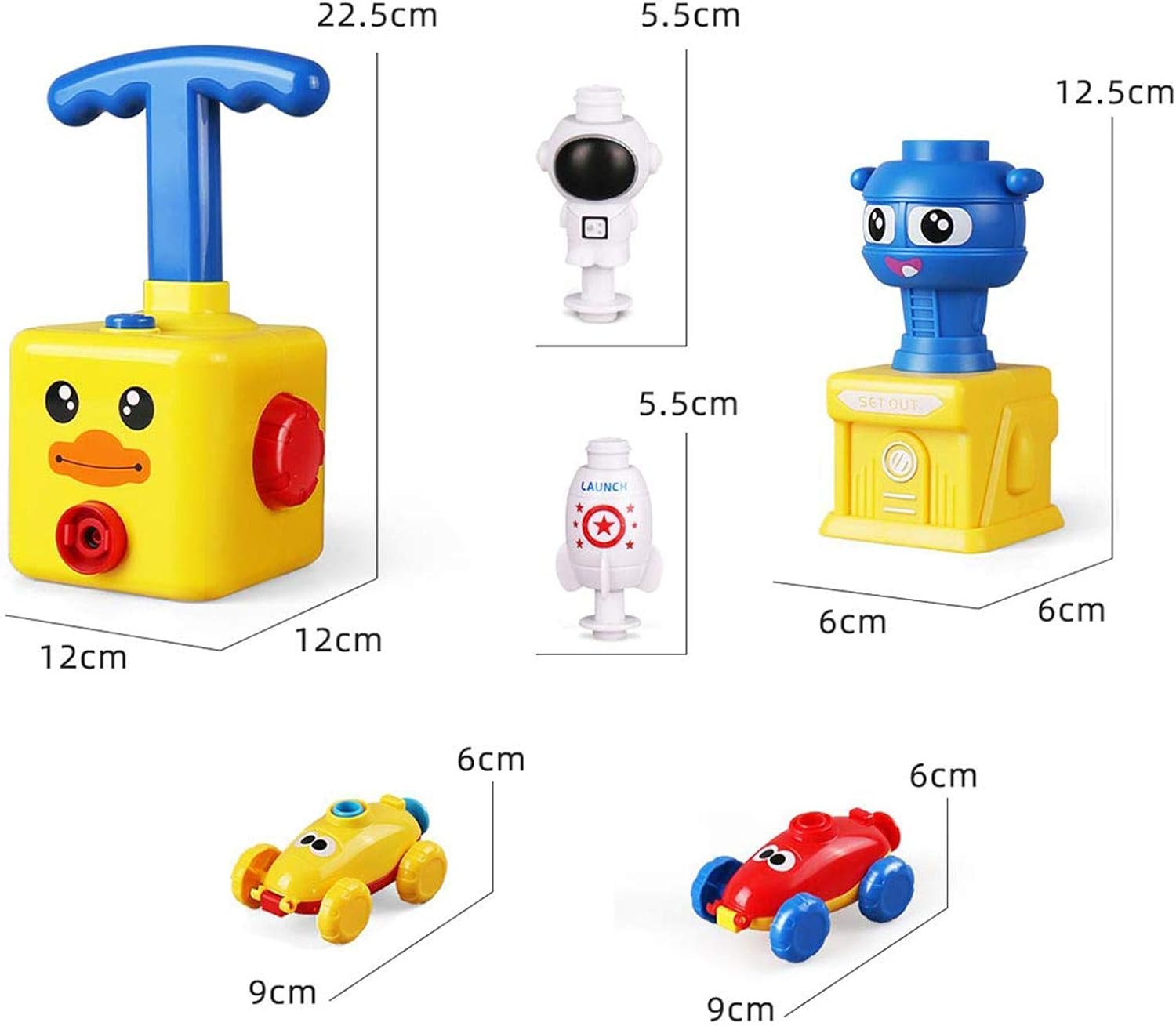 Power Balloon Launch Toy Set with pump, cars, flying figures, and a balloon-powered crab, perfect for interactive play