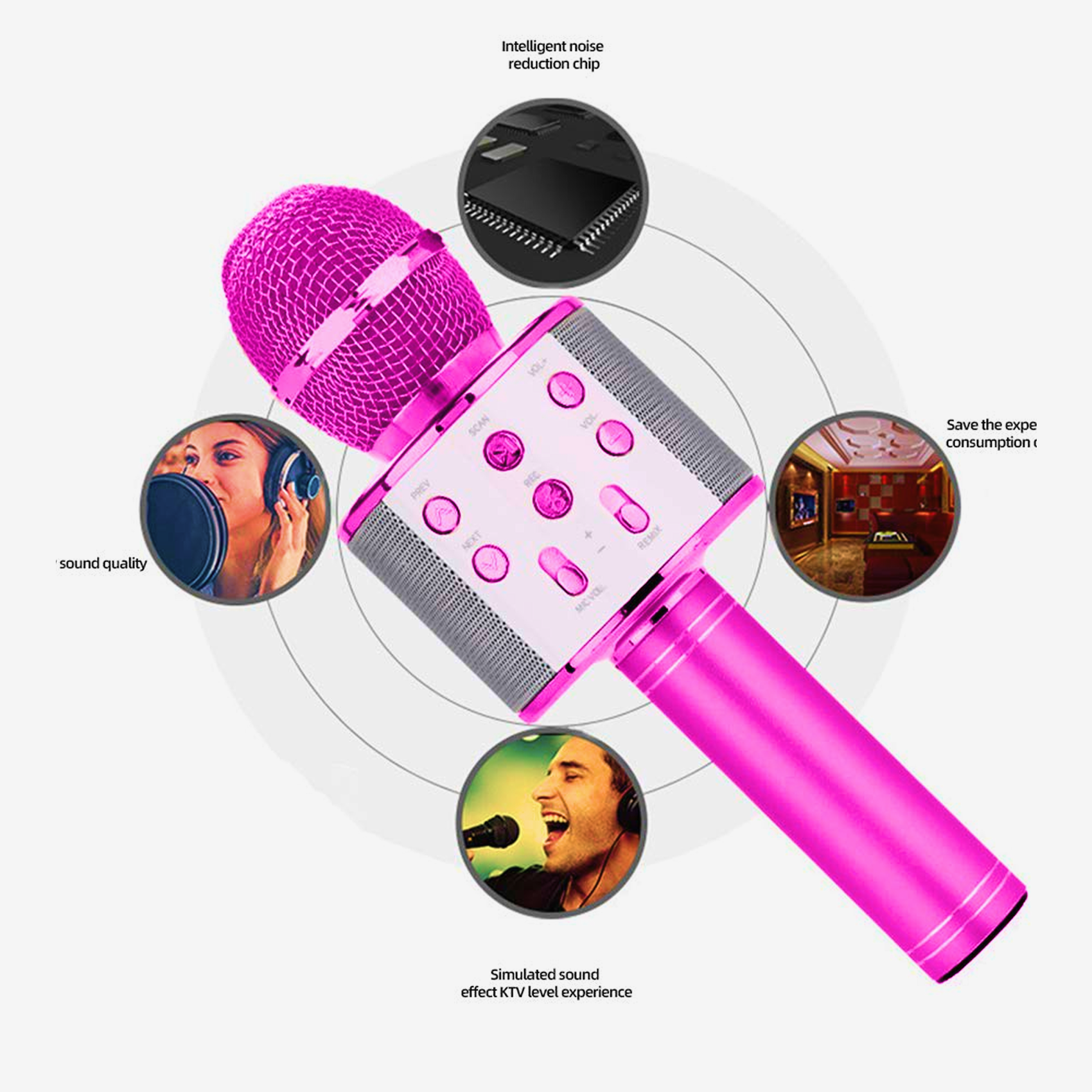 Wireless Bluetooth karaoke microphone with integrated speaker and colorful lights, perfect for kids and home use.