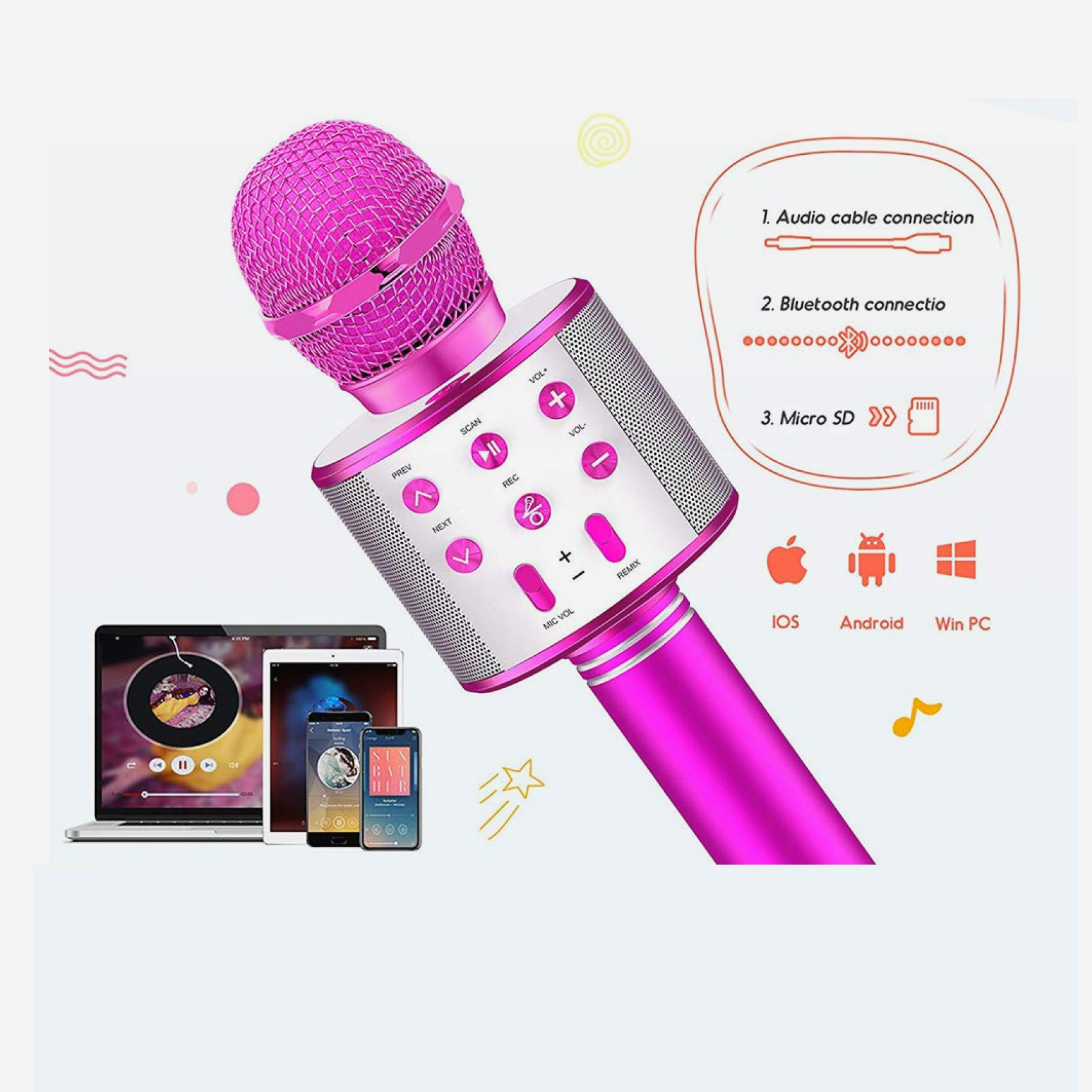 Wireless Bluetooth karaoke microphone with integrated speaker and colorful lights, perfect for kids and home use.