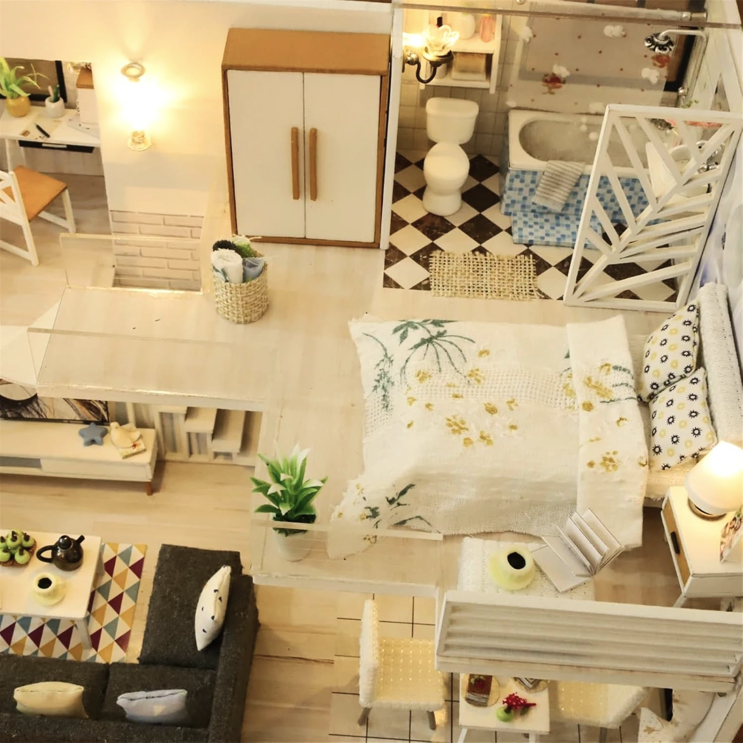 Loft Villa DIY kit with stylish modern loft dollhouse, complete with protective dome, remote-controlled LED lighting, music functionality, and detailed wooden construction