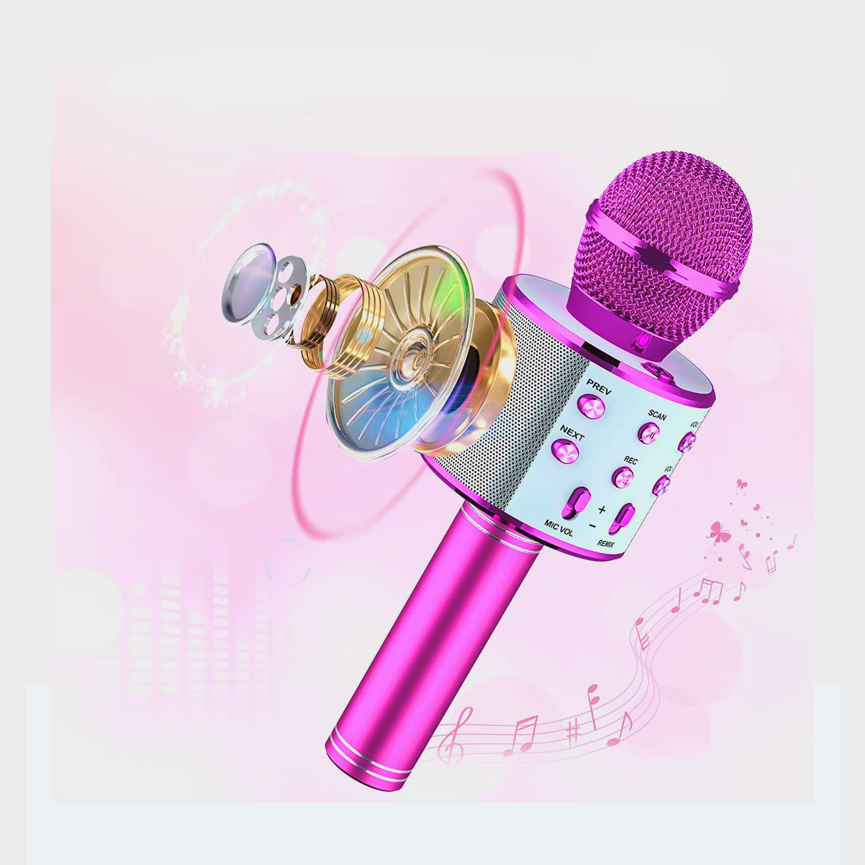 Wireless Bluetooth karaoke microphone with integrated speaker and colorful lights, perfect for kids and home use.