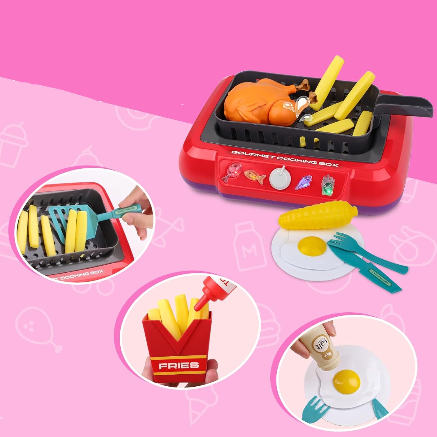 DIY Magic Food Fryer Toy for kids with realistic lights, sound effects, and color-changing food, perfect for children aged 5 and up.