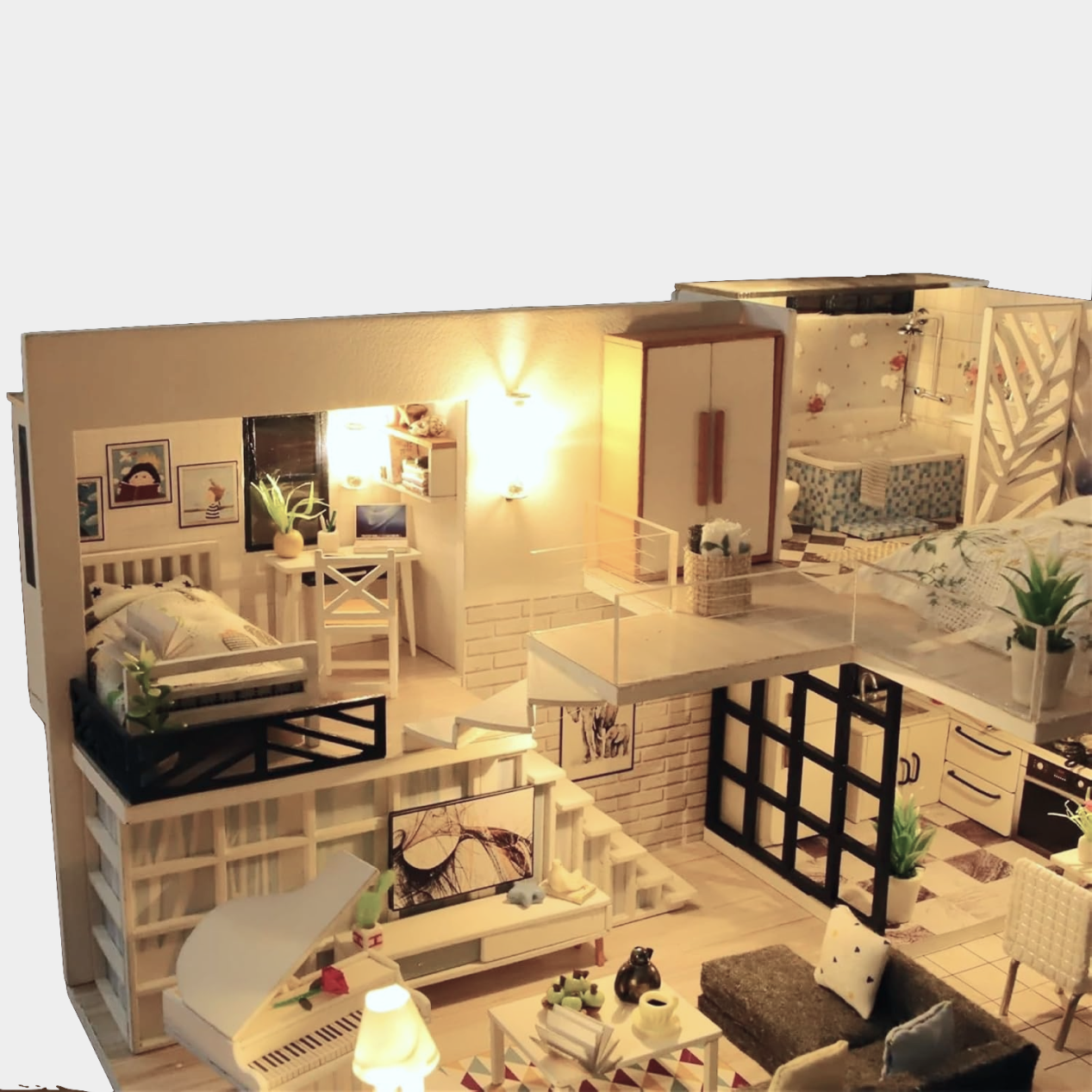 Loft Villa DIY kit with stylish modern loft dollhouse, complete with protective dome, remote-controlled LED lighting, music functionality, and detailed wooden construction