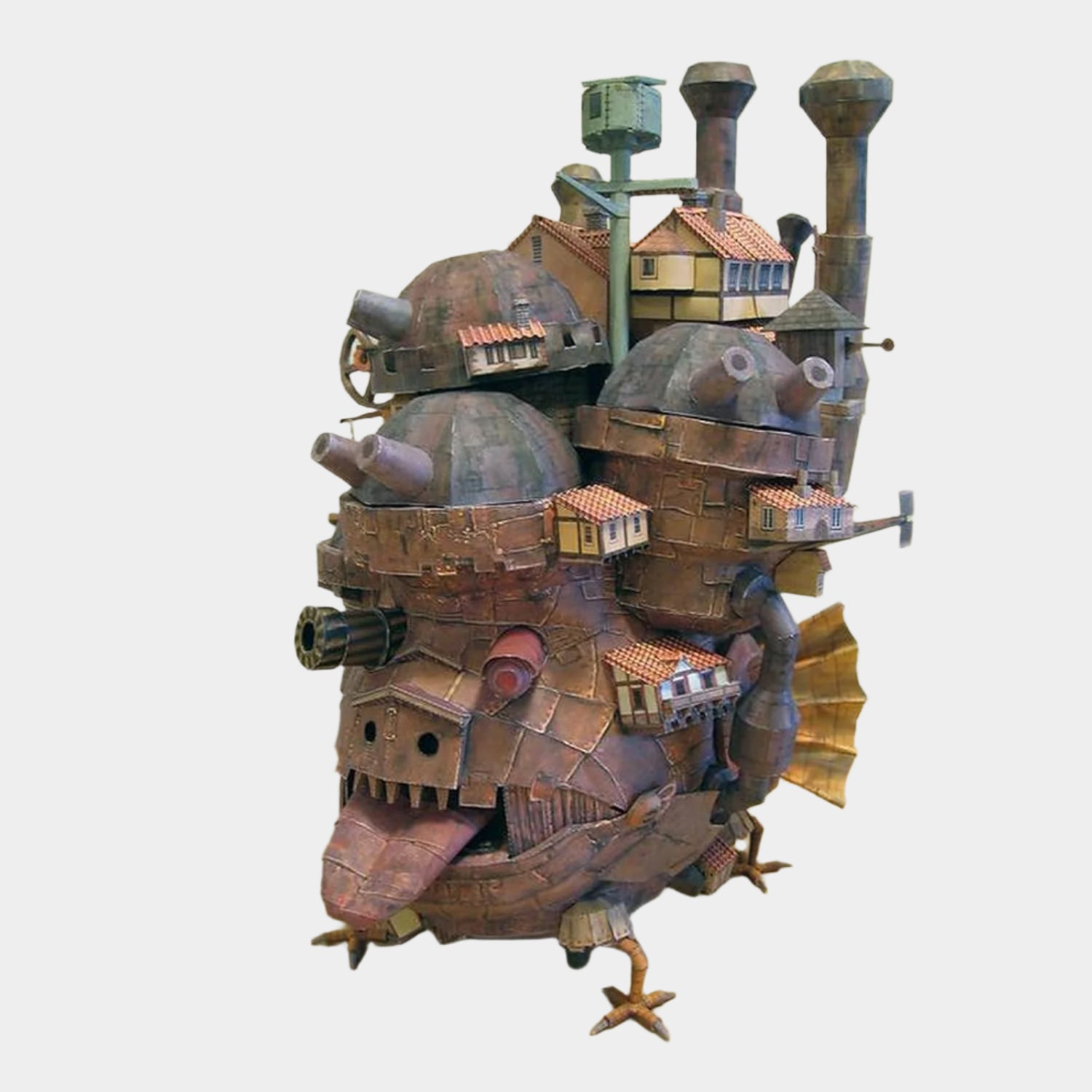 DIY papercraft model of Howl's Moving Castle, designed for a detailed, 50 cm tall display, packaged in a charming cartoon box