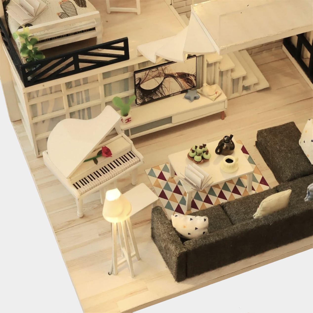 Loft Villa DIY kit with stylish modern loft dollhouse, complete with protective dome, remote-controlled LED lighting, music functionality, and detailed wooden construction