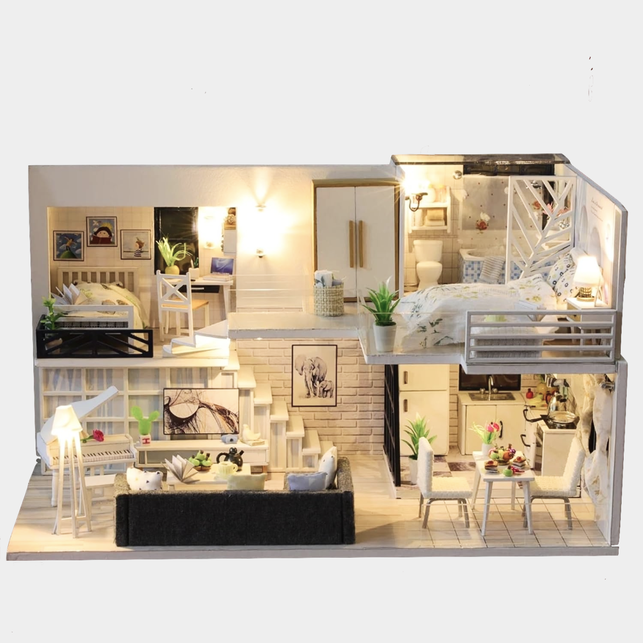 Loft Villa DIY kit with stylish modern loft dollhouse, complete with protective dome, remote-controlled LED lighting, music functionality, and detailed wooden construction