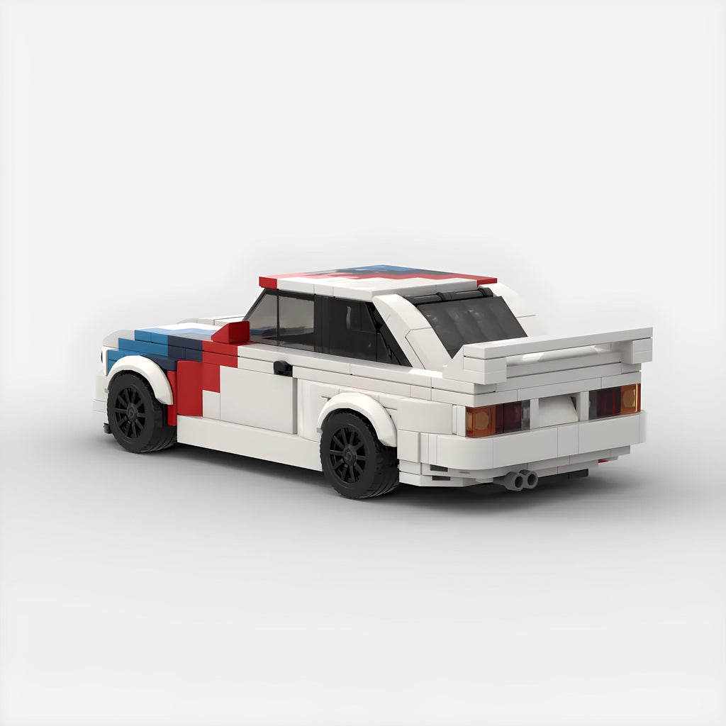 BMW E30 M3 building blocks set with high-quality ABS bricks, forming a detailed model approximately 16 x 8 x 5 cm