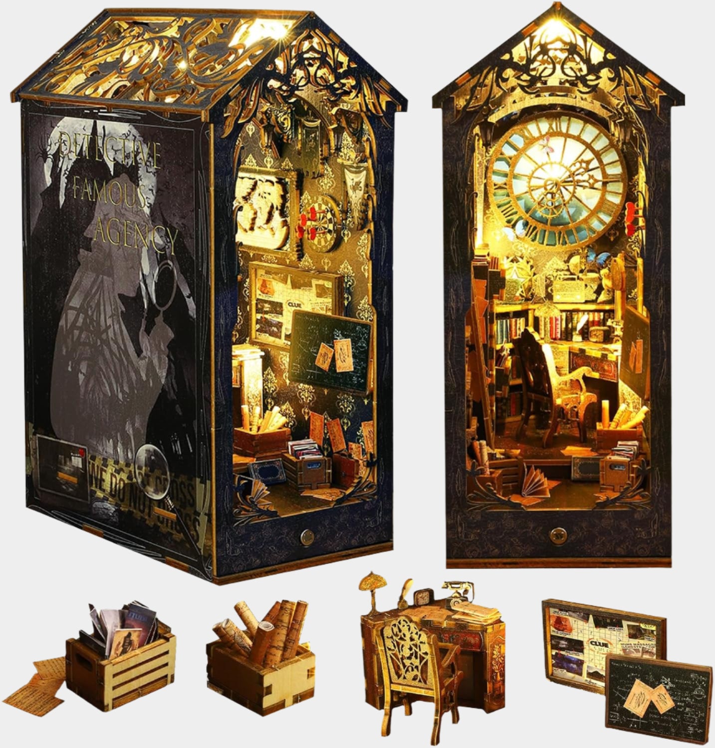 DIY miniature detective agency kit with intricate interior design, wooden construction, LED light components, measuring approximately 26 cm in height.