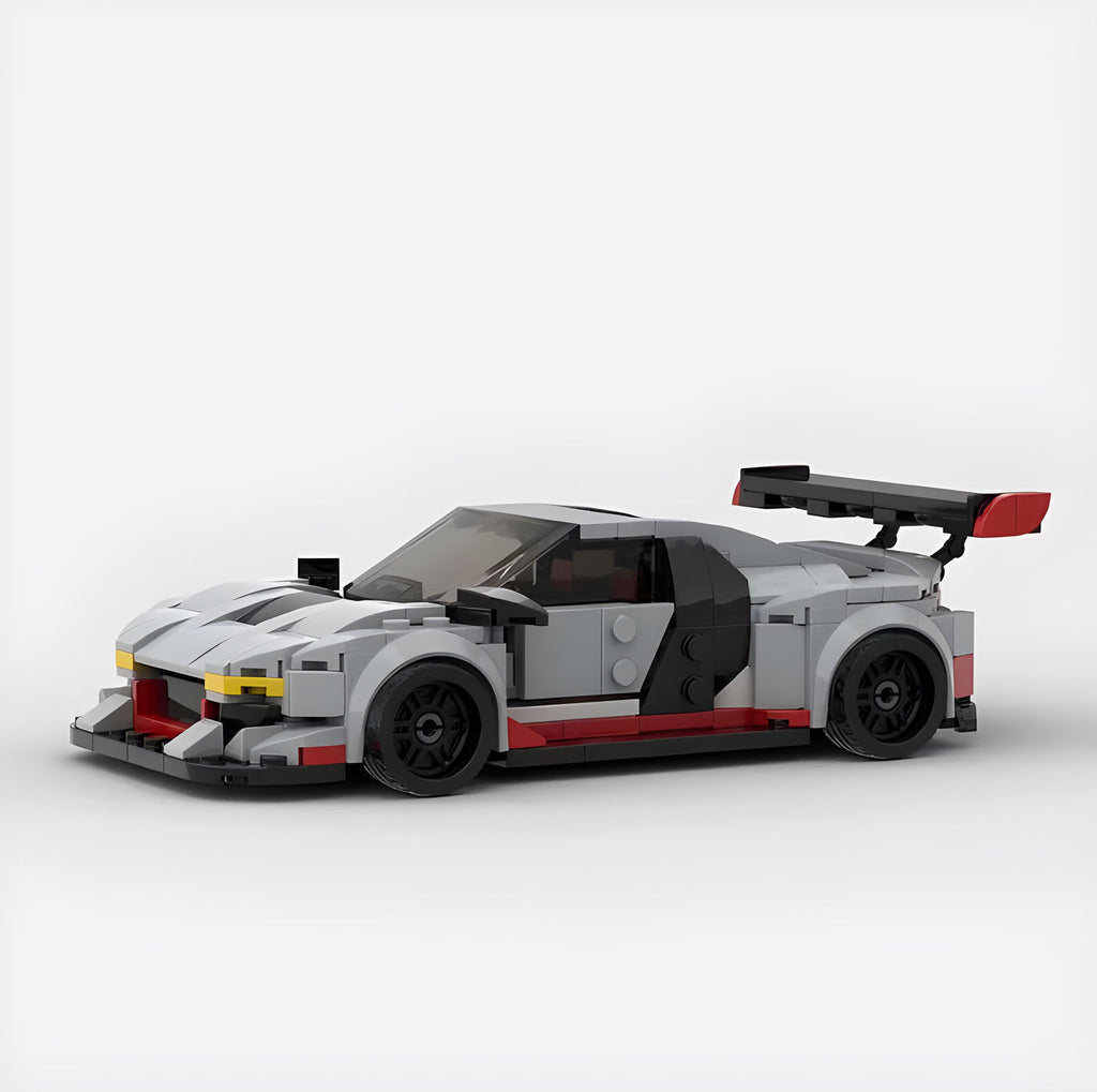 Audi R8 GT3 building blocks kit with 394+ self-locking bricks, made from durable ABS plastic, replicating the iconic racing car in a compact model