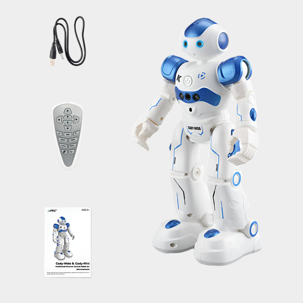 JJRC Cady Wini smart robot for kids, measuring 35 cm x 15 cm, featuring interactive control, dance mode, LED lights, and built-in rechargeable battery