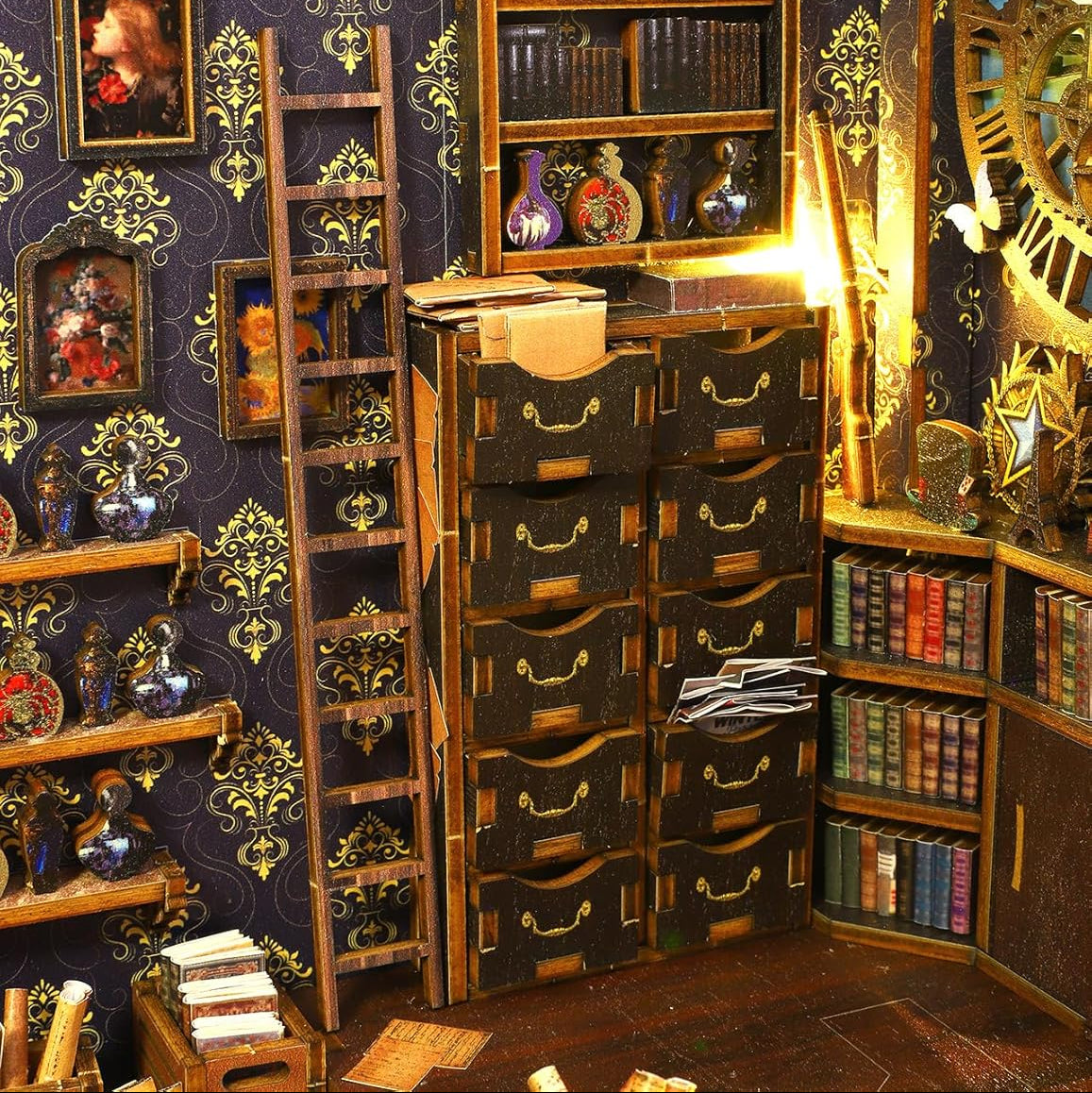 DIY miniature detective agency kit with intricate interior design, wooden construction, LED light components, measuring approximately 26 cm in height.