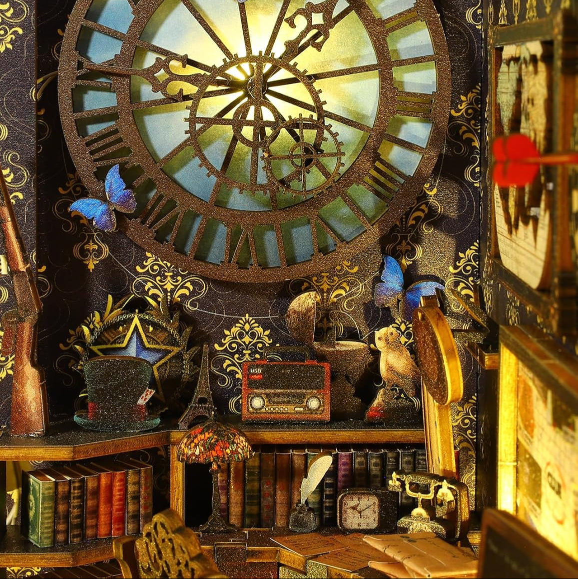 DIY miniature detective agency kit with intricate interior design, wooden construction, LED light components, measuring approximately 26 cm in height.