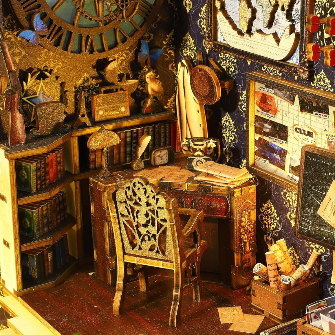 DIY miniature detective agency kit with intricate interior design, wooden construction, LED light components, measuring approximately 26 cm in height.