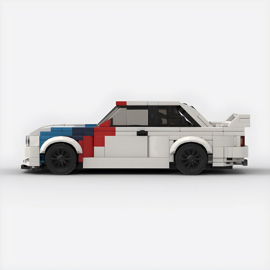 BMW E30 M3 building blocks set with high-quality ABS bricks, forming a detailed model approximately 16 x 8 x 5 cm