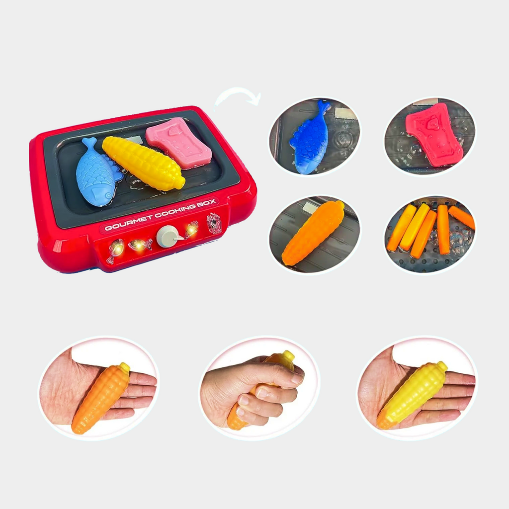 DIY Magic Food Fryer Toy for kids with realistic lights, sound effects, and color-changing food, perfect for children aged 5 and up.