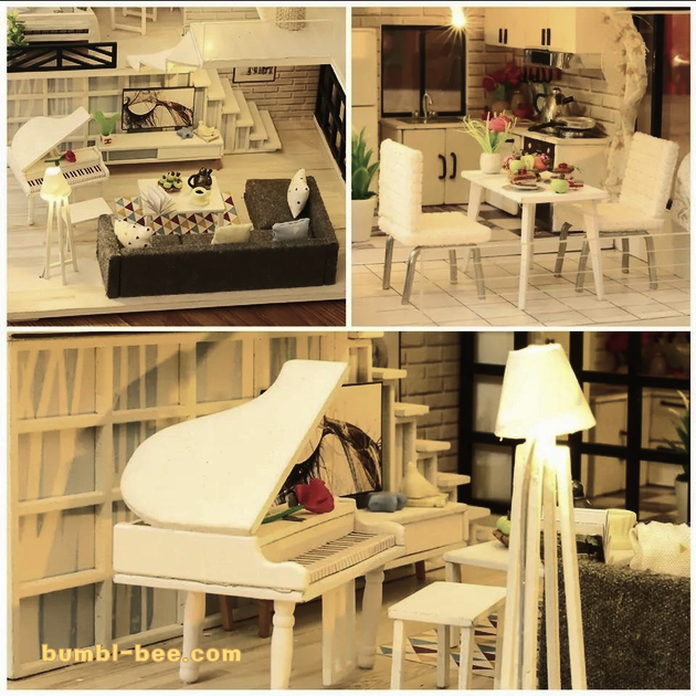 Loft Villa DIY kit with stylish modern loft dollhouse, complete with protective dome, remote-controlled LED lighting, music functionality, and detailed wooden construction