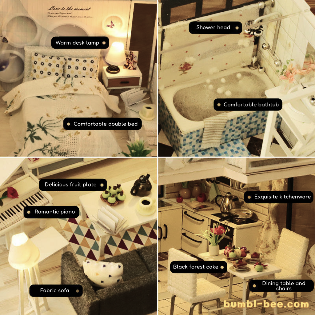 Loft Villa DIY kit with stylish modern loft dollhouse, complete with protective dome, remote-controlled LED lighting, music functionality, and detailed wooden construction