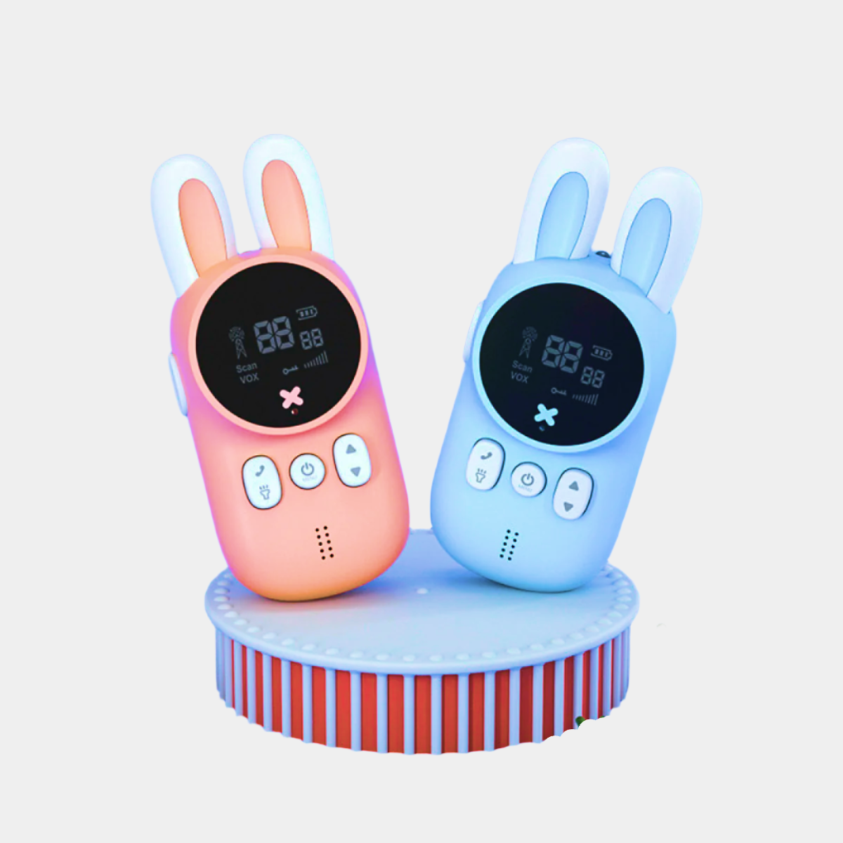 Pair of rabbit-themed children's walkie-talkies with flashlights and soft-touch design, perfect for ages 3-6