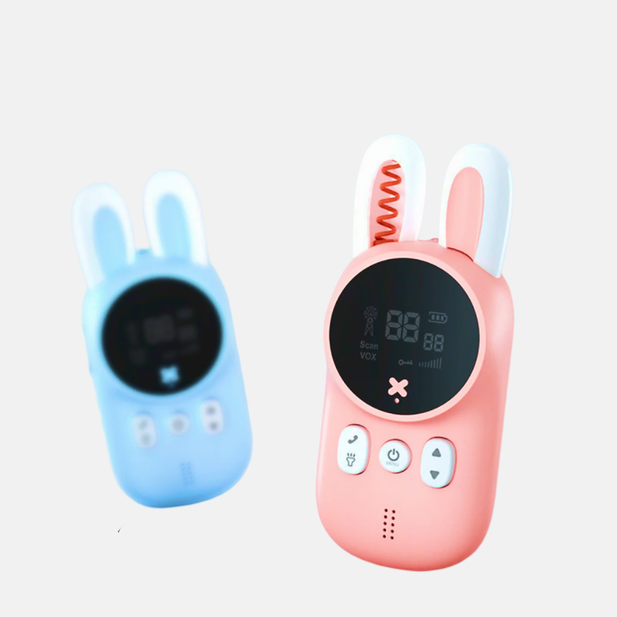 Pair of rabbit-themed children's walkie-talkies with flashlights and soft-touch design, perfect for ages 3-6